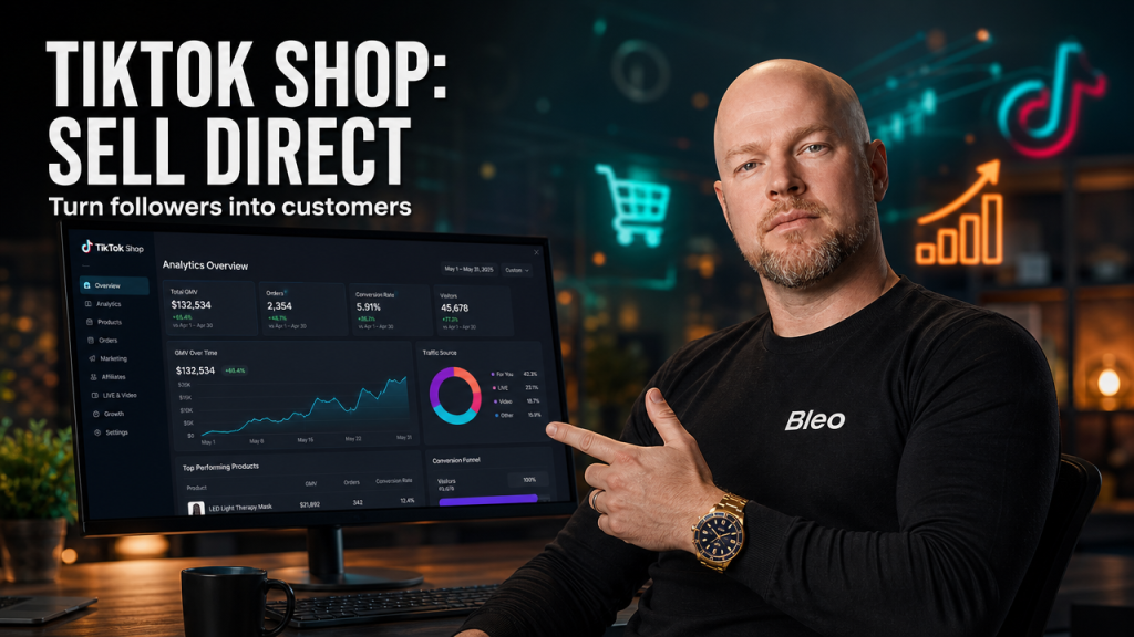 Luke Houlihan at a workspace with TikTok Shop analytics displayed, confidently explaining conversion strategies to Australian D2C brands