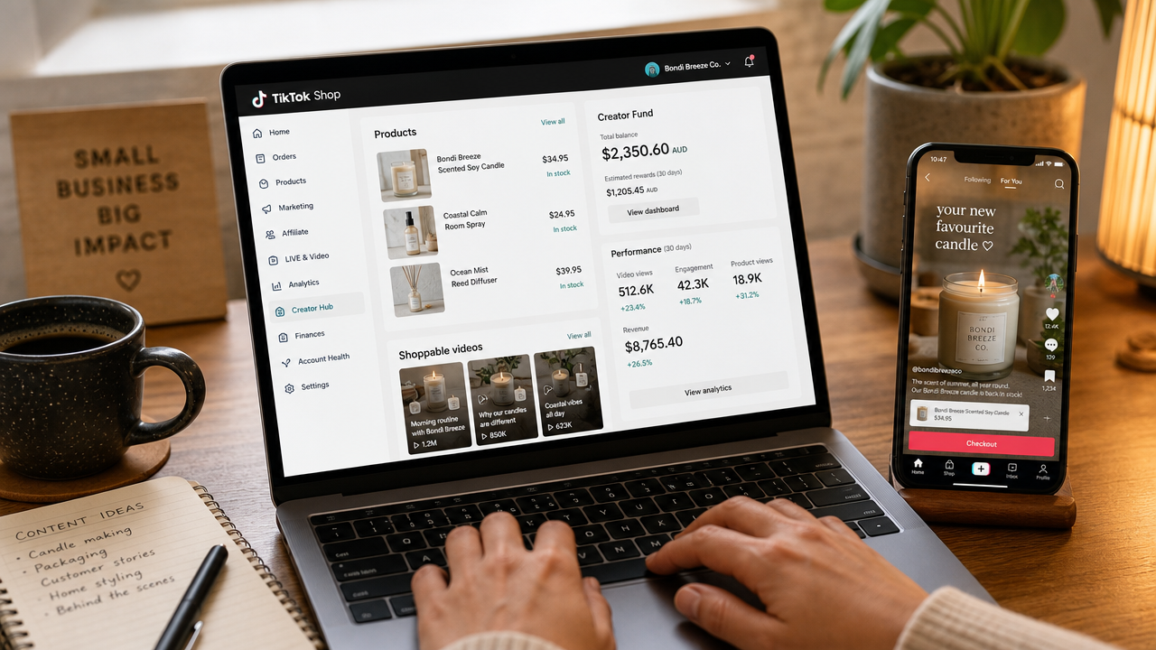 D2C business owner's hands using TikTok Shop on laptop and phone to manage shoppable content and customer conversions