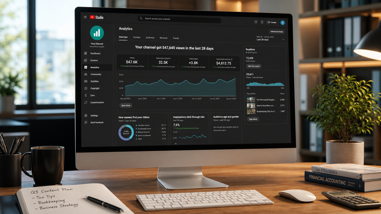 An accountant's desktop monitor displays YouTube Shorts analytics and performance metrics for accounting service ads, showing real-time conversion data and audience insights