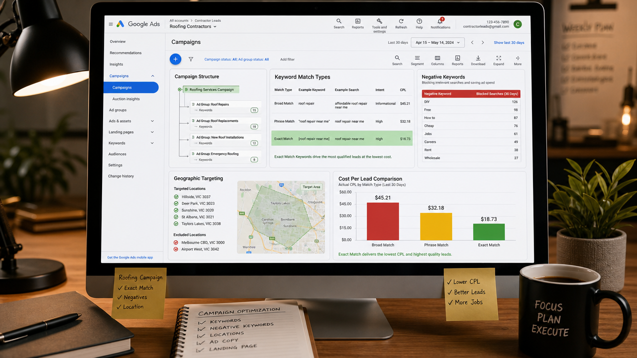 Google Ads dashboard showing keyword match types, negative keywords, and cost-per-lead metrics for home service campaigns