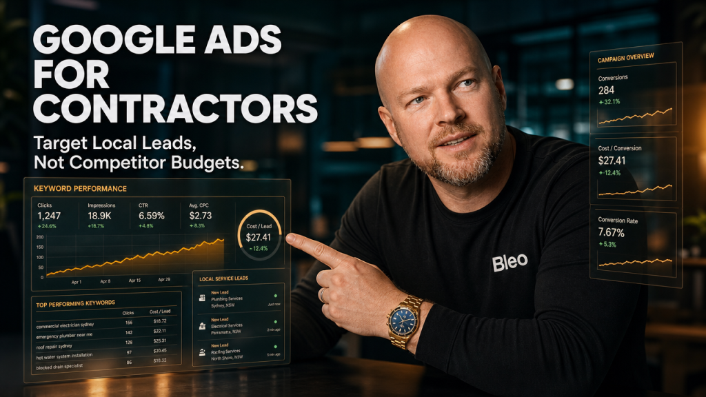 Luke Houlihan pointing at Google Ads analytics dashboard with local leads data, wearing Bleo branded clothing in a modern office setting