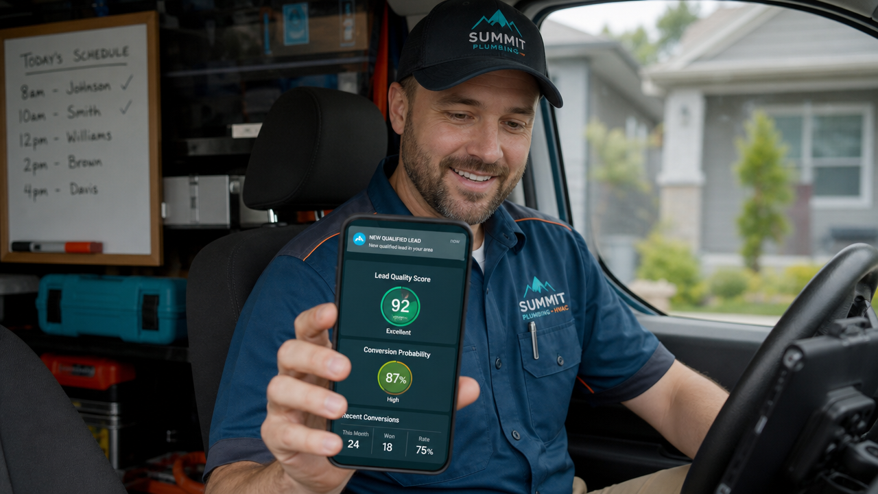 A home service contractor in a van or truck receives a qualified lead notification on their smartphone, with visible CRM lead quality metrics and conversion data displayed on screen.