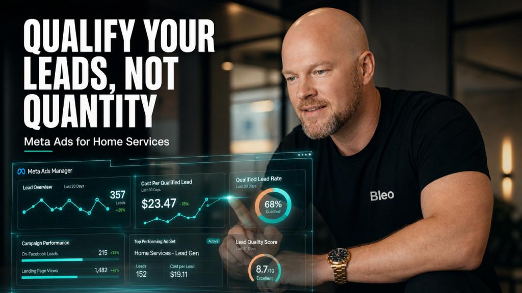 Luke Houlihan in a modern office leaning toward holographic Meta Ads dashboard panels, smiling with confidence while viewing lead conversion metrics. Bold white text reads "QUALIFY YOUR LEADS, NOT QUANTITY" with "Meta Ads for Home Services" subtitle. Premium teal-and-orange cinematic grade.