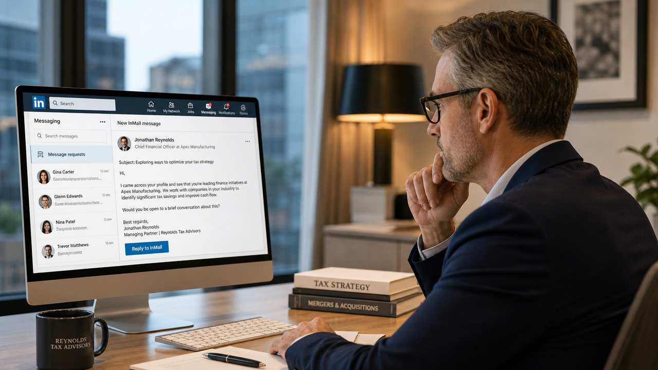 Professional services partner at modern office desk viewing an incoming LinkedIn Sponsored InMail message on computer screen, conveying high-value B2B decision-making in professional context
