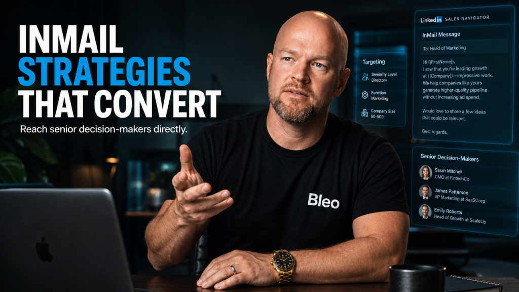 Luke Houlihan demonstrates LinkedIn Sponsored InMail campaign strategy, seated at a modern desk with professional workspace and targeting interface visible in background, expressing confident engagement about converting senior decision-maker leads