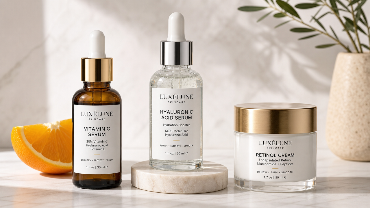 Three premium beauty serum bottles displaying key ingredients (vitamin C, hyaluronic acid, retinol) arranged on white marble with natural daylight and soft shadows