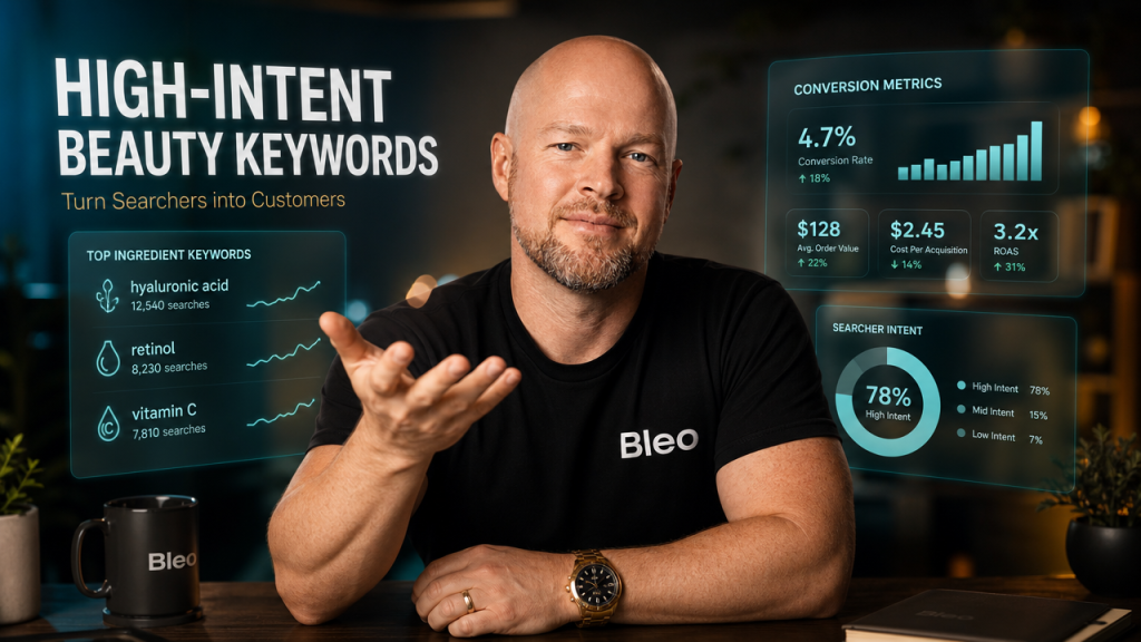 Luke Houlihan in professional business attire with Bleo logo, gesturing confidently in a modern marketing workspace with holographic ingredient keywords and conversion metrics, warm teal-orange cinematic lighting