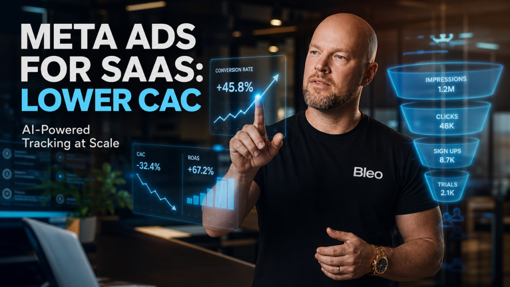 Luke Houlihan in a modern SaaS office standing before holographic conversion data visualizations with teal and orange lighting, displaying confident expression while analysing upward-trending graphs showing meta ads cost reduction