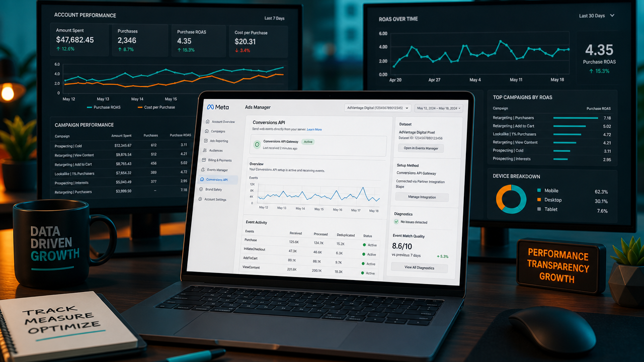 Meta Ads Manager interface on laptop screens showing conversion API setup and real-time ROAS tracking metrics in a modern SaaS office workspace