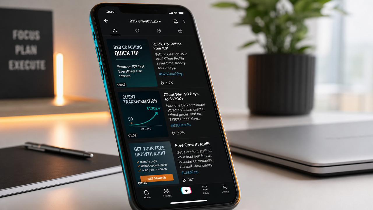 Smartphone held at an angle showing TikTok feed with B2B coaching content including video thumbnails of coaching tips, client testimonials, and lead generation forms, professional workspace background
