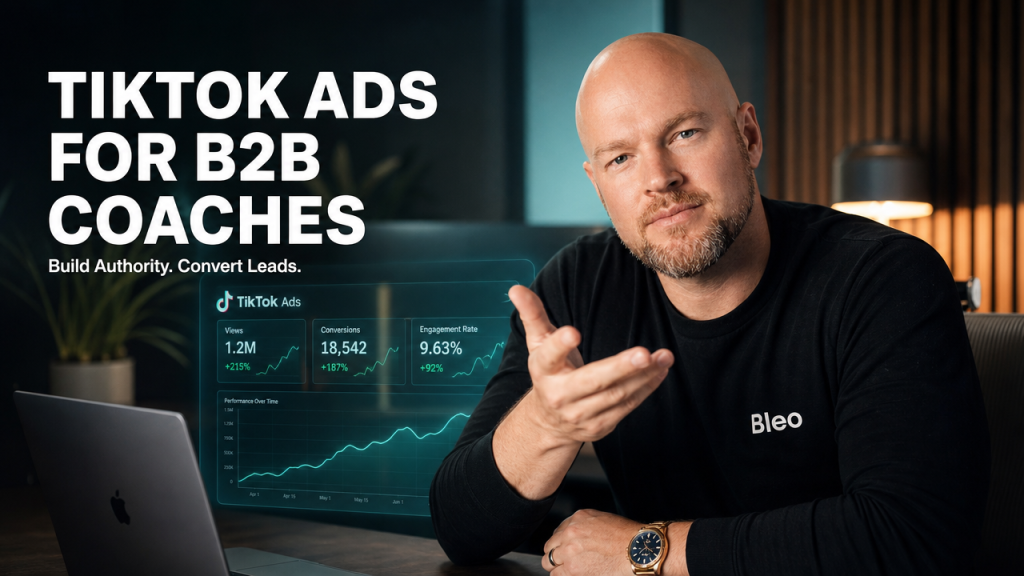 Luke Houlihan in a Bleo-branded shirt leaning forward confidently with an open gesture, positioned in a modern office with teal-and-orange cinematic lighting and holographic metrics panels in the background, text overlay reading "TikTok Ads for B2B Coaches Build Authority. Convert Leads."
