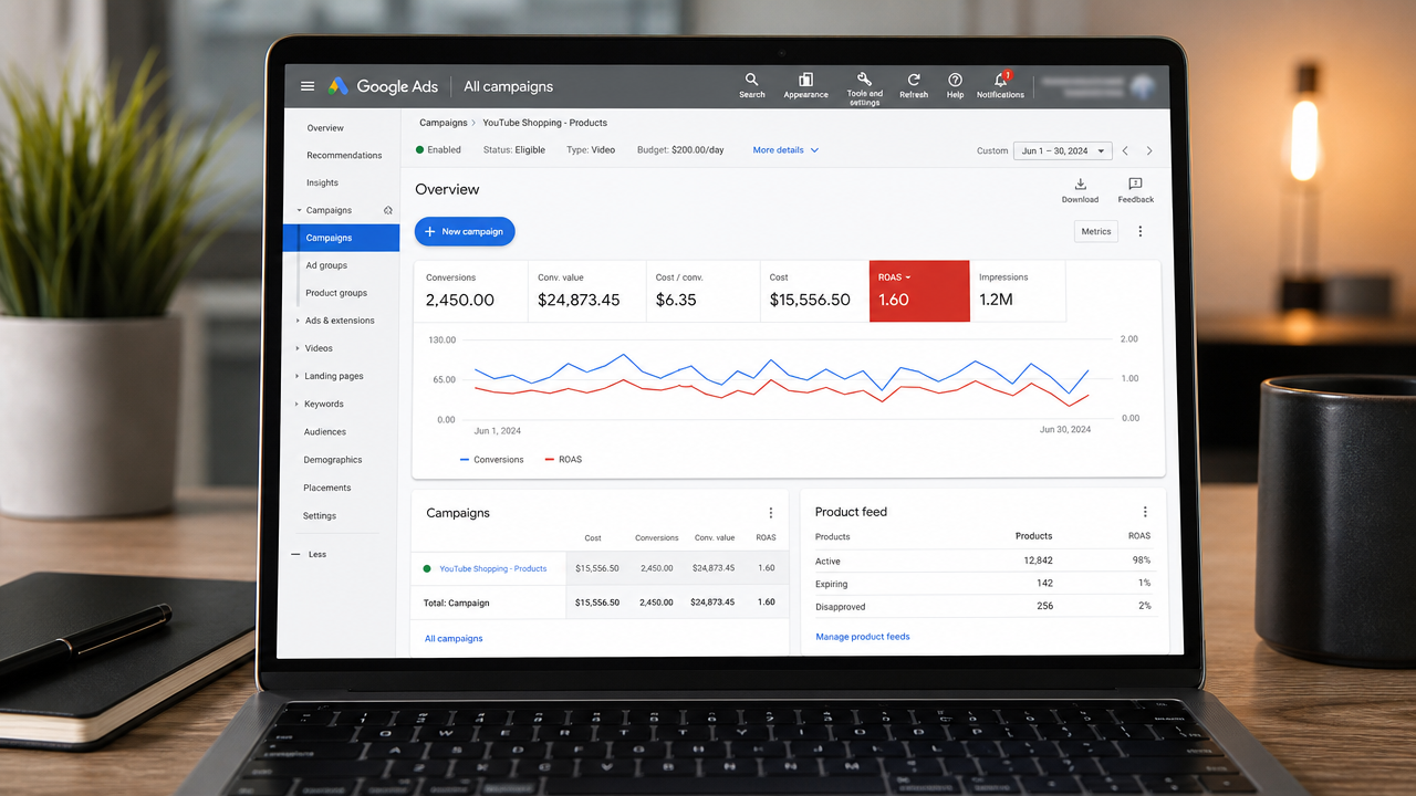 Laptop screen displaying Google Ads YouTube Shopping campaign metrics and conversion data for ecommerce cart recovery.