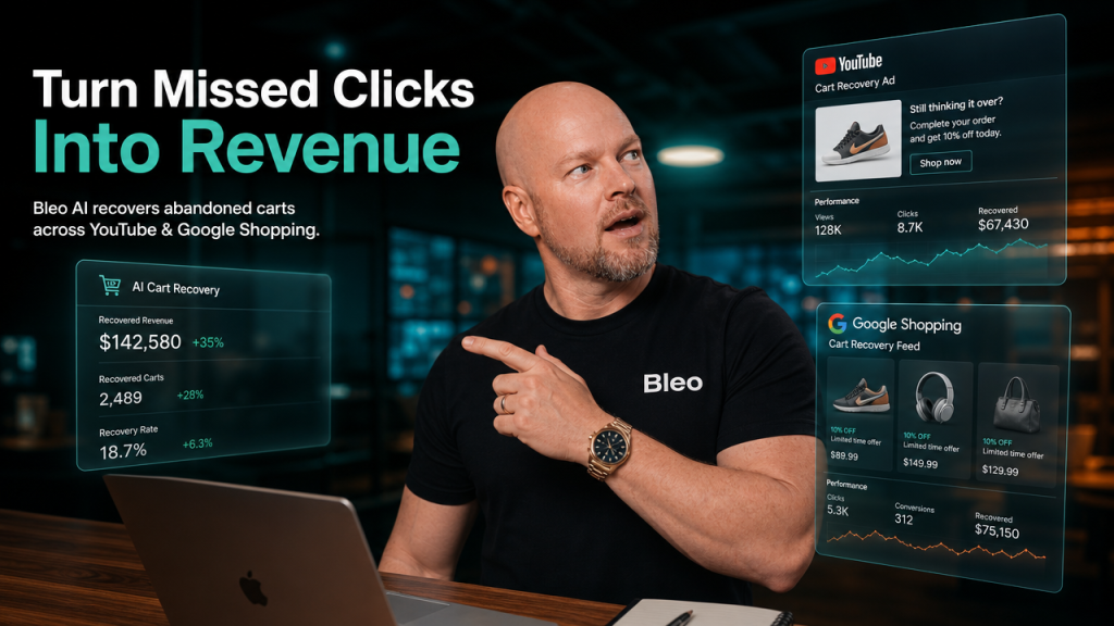 Luke Houlihan in a modern digital workspace with floating YouTube and Google Shopping interface panels showing cart abandonment recovery metrics and shopping ads data.