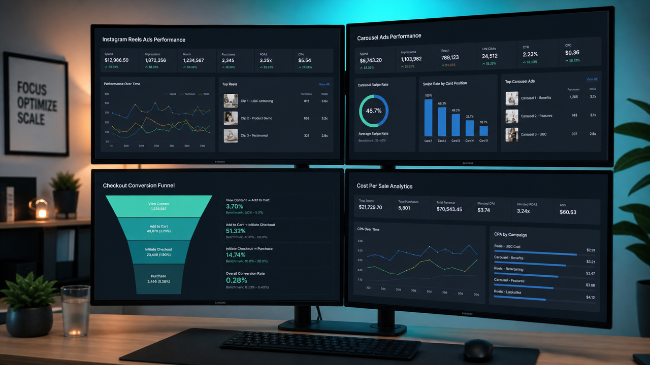 Multiple monitors displaying Instagram carousel ads analytics, conversion metrics, and cost-per-sale performance data in a modern workspace