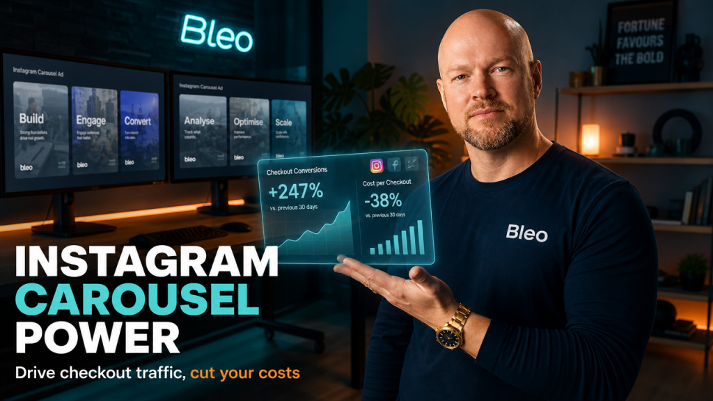 Luke Houlihan in a creative workspace wearing Bleo-branded shirt, confidently gesturing toward holographic Instagram carousel metrics with "INSTAGRAM CAROUSEL POWER" text overlay