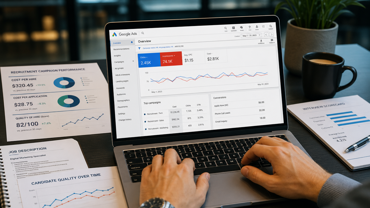 Close-up of hands on laptop showing Google Ads recruitment interface and analytics dashboard with cost per hire and candidate metrics on screen.