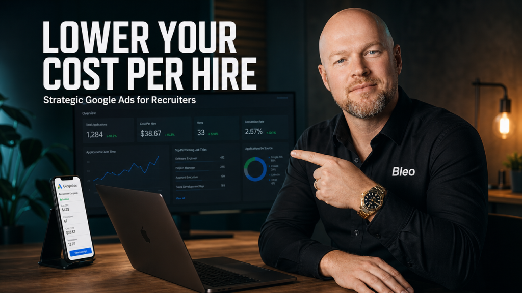 Recruitment manager Luke Houlihan sitting confidently at a desk reviewing Google Ads campaign metrics on a laptop and dashboard, with "LOWER YOUR COST PER HIRE" text overlay.