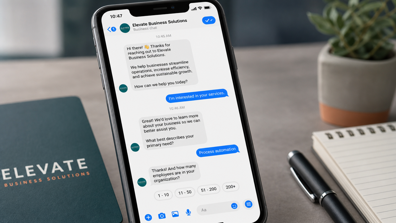 Smartphone displaying Facebook Messenger chat with professional services lead qualification conversation