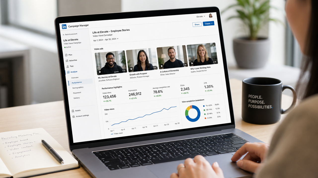 Laptop displaying LinkedIn video ad campaign dashboard with employee testimonial videos and engagement analytics metrics