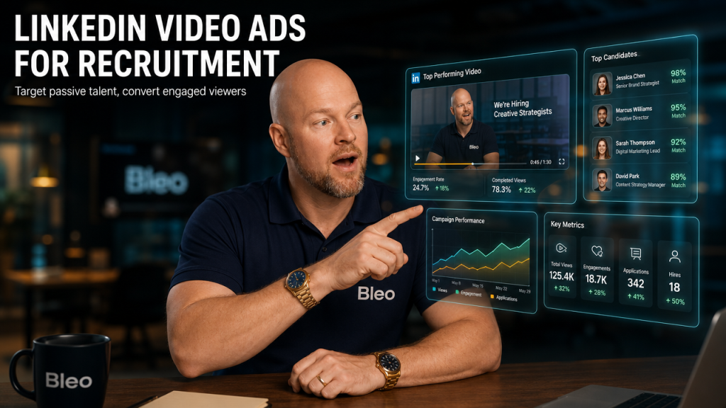 Luke Houlihan in a Bleo polo shirt looking surprised while examining a holographic recruitment dashboard with candidate profiles and engagement metrics, cinematic teal-and-orange lighting