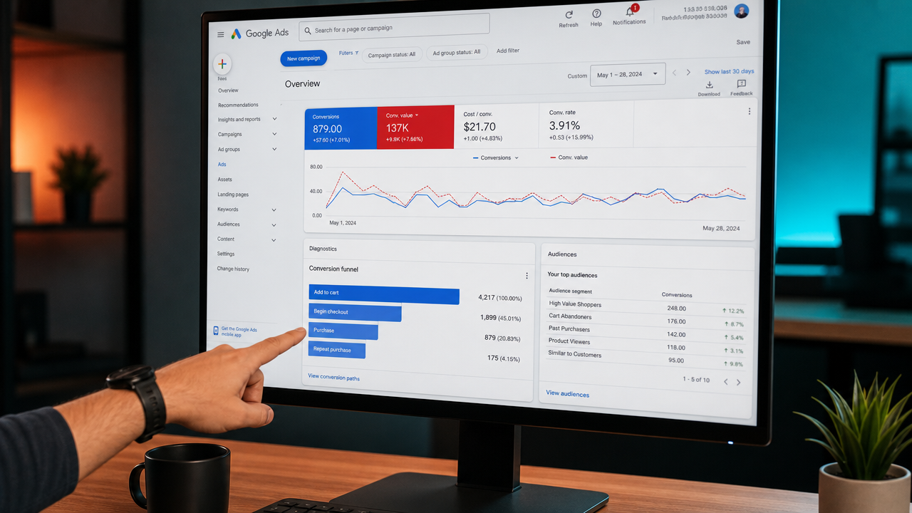 Desktop computer screen angled toward camera showing Google Ads dashboard with conversion tracking data, audience segments, and performance metrics, with hand pointing to a conversion funnel