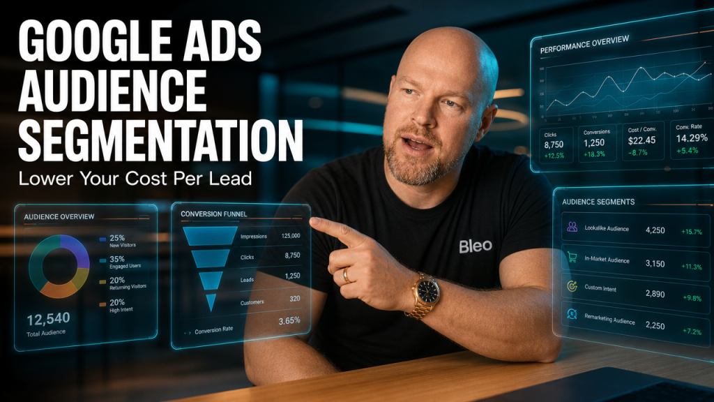Luke Houlihan in a professional boardroom pointing at holographic metrics dashboards showing conversion data and audience segments, with bold white text overlay reading "Google Ads Audience Segmentation" and "Lower Your Cost Per Lead"