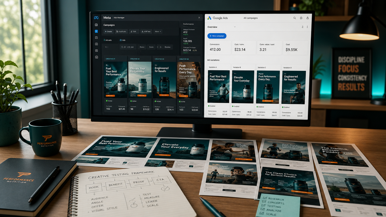Modern workspace desk with dual-monitor setup showing Meta Ads Manager and Google Ads dashboards displaying multiple ad variations in grid layout