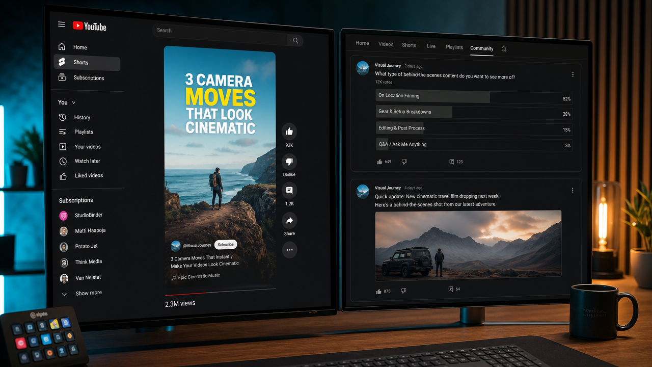 Split-screen comparison of YouTube Shorts vertical video format and YouTube Community tab with poll posts, both visible on angled screens in a professional studio setting