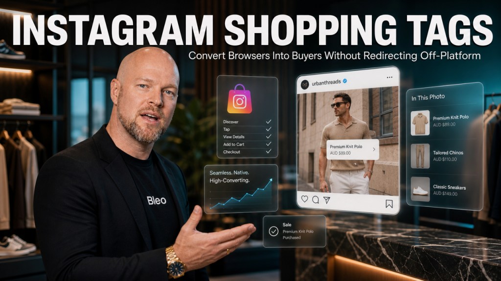 Luke Houlihan in a modern retail studio wearing Bleo-branded clothing, gesturing confidently while explaining Instagram Shopping Tags, with holographic UI elements and product tagging visuals surrounding him against a teal-and-orange background.