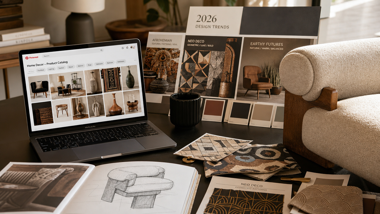 Designer workspace with laptop showing Pinterest home decor catalog, mood boards featuring 2026 interior design trends, and colour samples for Afrohemian and Neo Deco aesthetics
