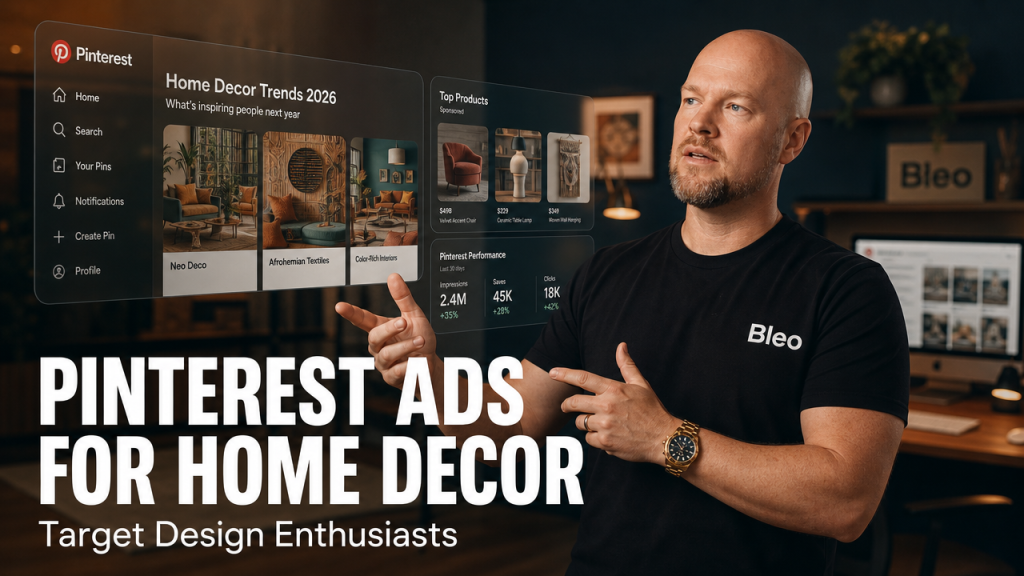 Luke Houlihan in a modern home office with digital displays showing Pinterest home decor ads and 2026 interior design trends, gesturing toward holographic screen showing furniture and Neo Deco aesthetic content