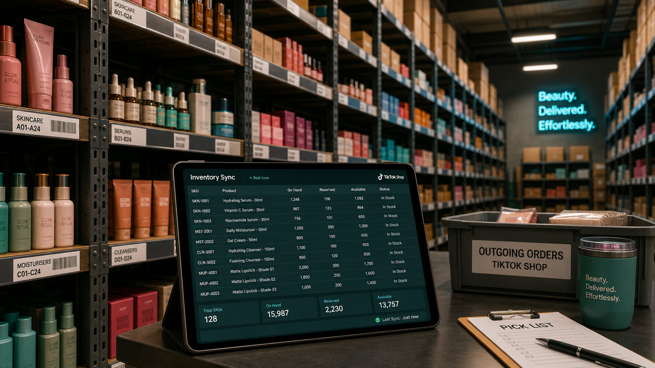 Organized beauty product warehouse with cosmetics and skincare inventory displayed on shelving, with real-time inventory management software visible on tablet