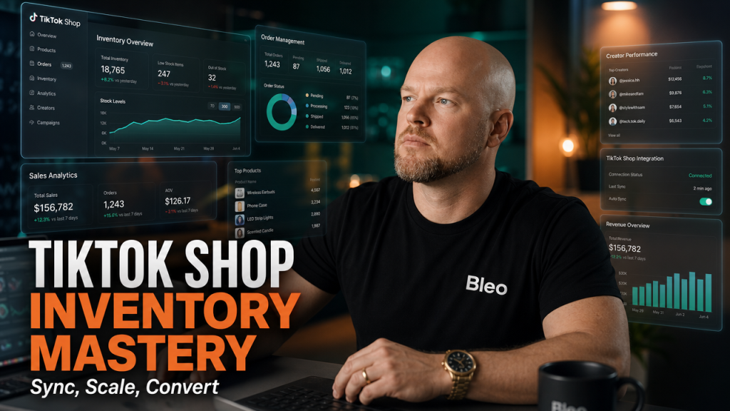 Luke Houlihan analyzing TikTok Shop inventory and order management dashboards with real-time sales analytics on multiple holographic displays