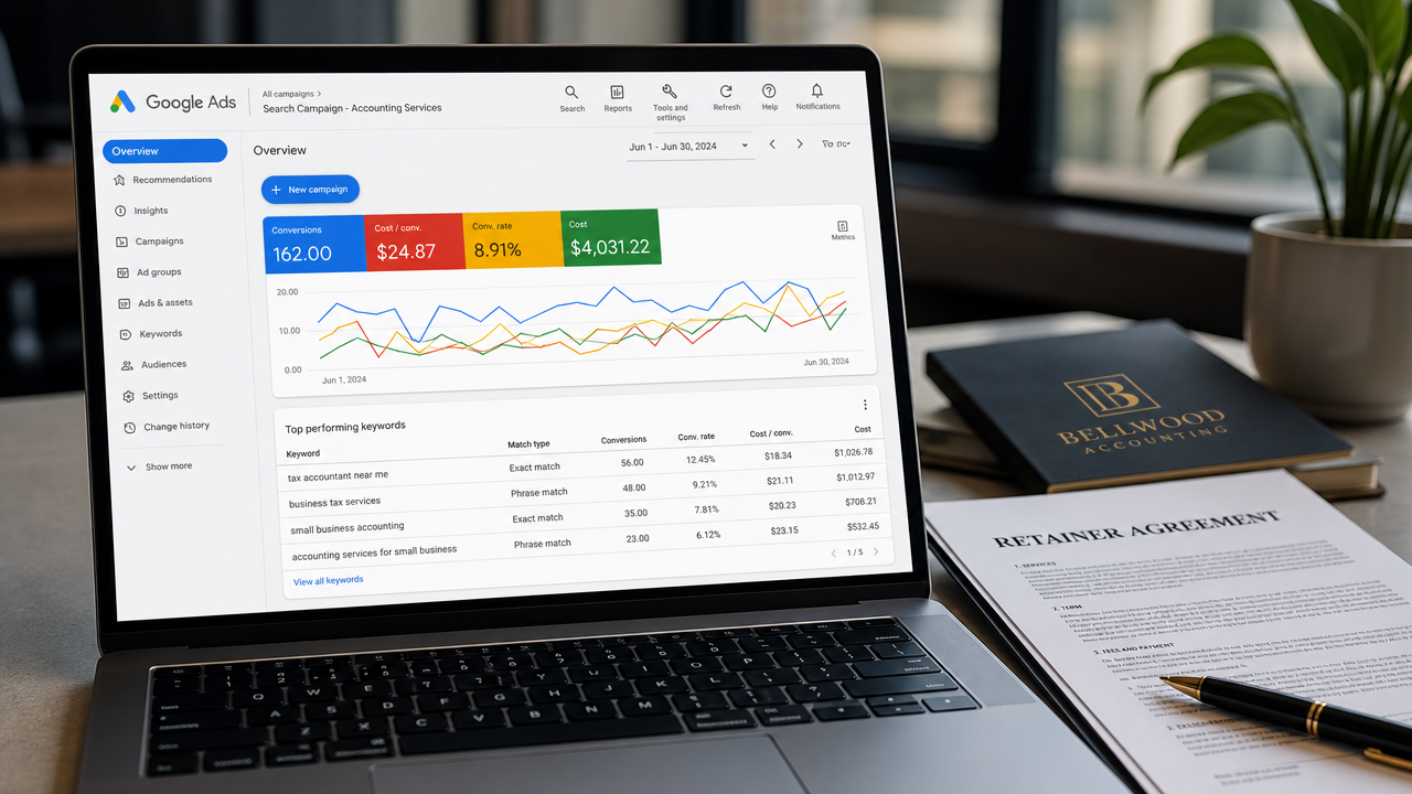 Laptop screen showing Google Ads campaign dashboard with accounting keywords and conversion metrics alongside a retainer agreement document on an office desk