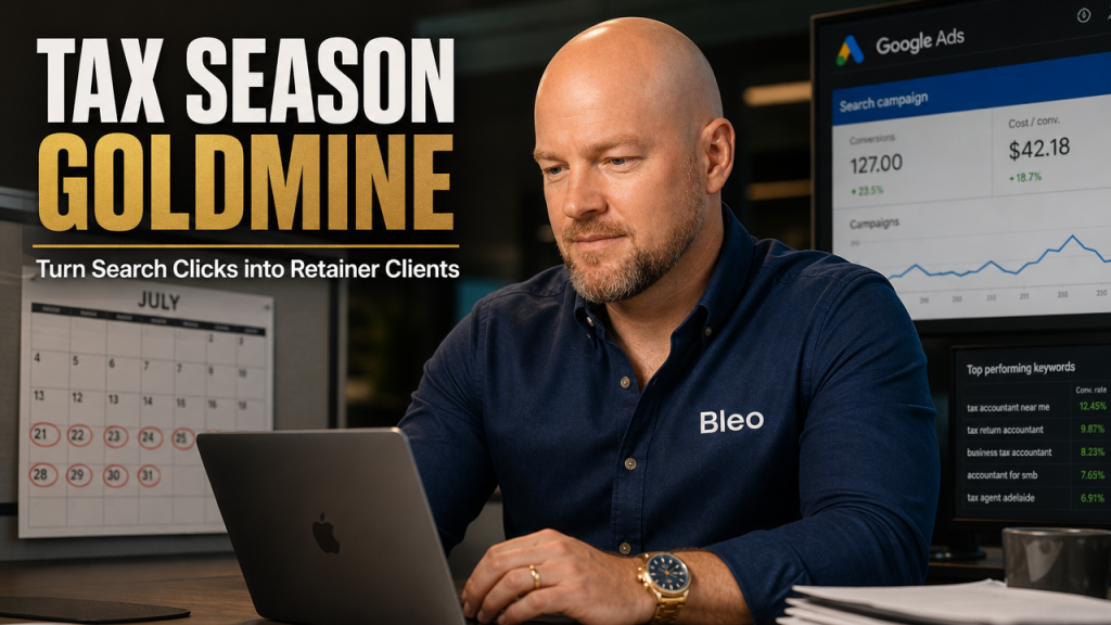 Luke Houlihan reviewing Google Ads dashboards during peak tax season, confidently analysing conversion metrics and ROI data on his laptop in a modern accounting office