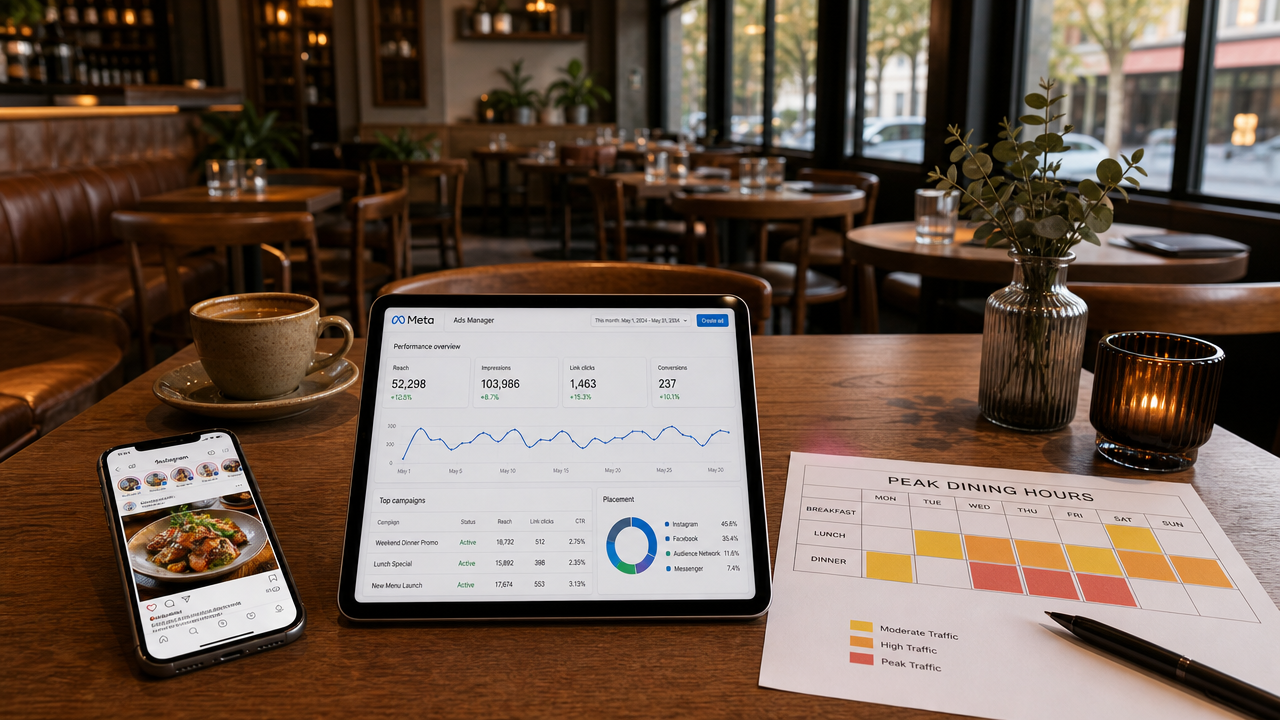 Restaurant empty tables with smartphone showing Instagram feed, tablet displaying Meta Ads metrics, and scheduling calendar on table