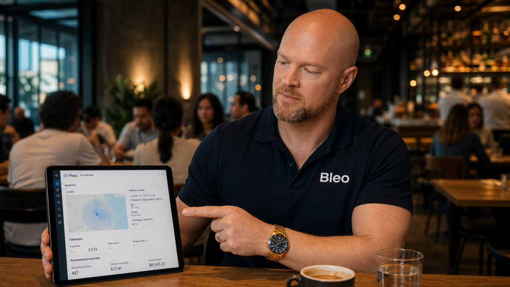 Luke Houlihan at a cafe table reviewing Meta Ads dashboard on tablet, showing local audience targeting and catalogue ads setup for restaurants