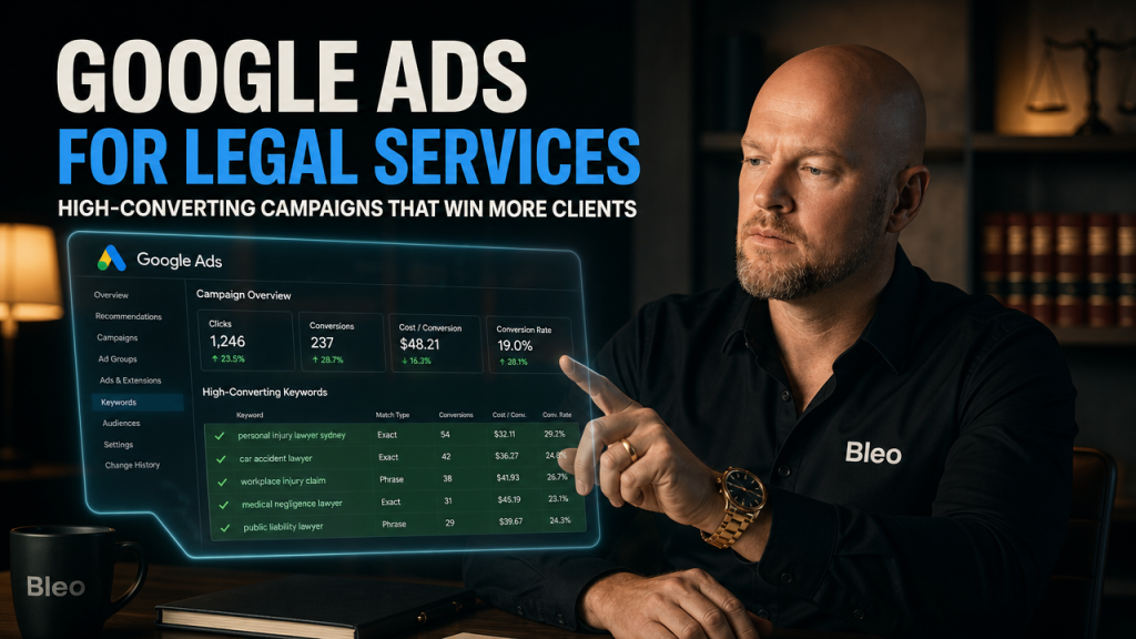 Luke Houlihan reviewing a holographic Google Ads dashboard showing high-converting legal keywords and call extension metrics, representing strategic paid search targeting for Australian law firms