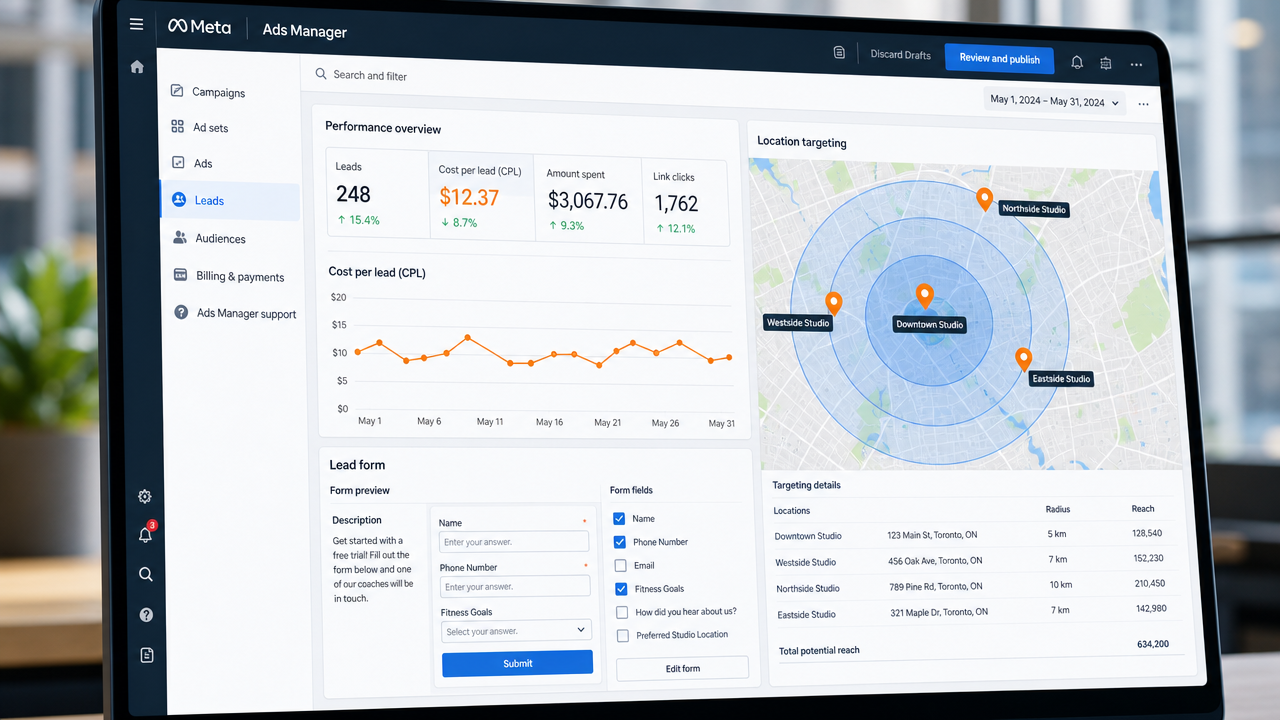 Close-up of Meta Ads Ads Manager interface showing location-based targeting settings, lead form fields, CPL metrics, and multiple fitness studio pins on an interactive radius-based map.