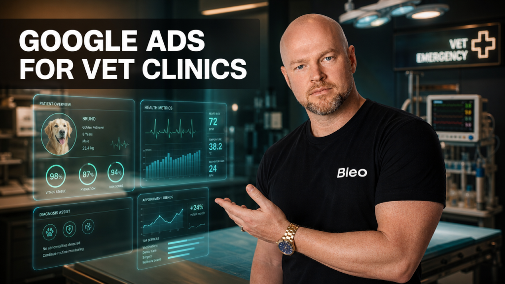 Luke Houlihan in a modern emergency vet clinic with holographic Google Ads analytics panels, wearing a Bleo branded shirt and gesturing confidently toward performance metrics