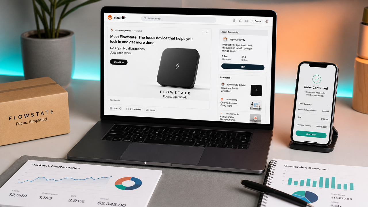 Laptop displaying a Reddit ad campaign for e-commerce products, surrounded by order confirmation elements and analytics, angled toward camera on a professional desk