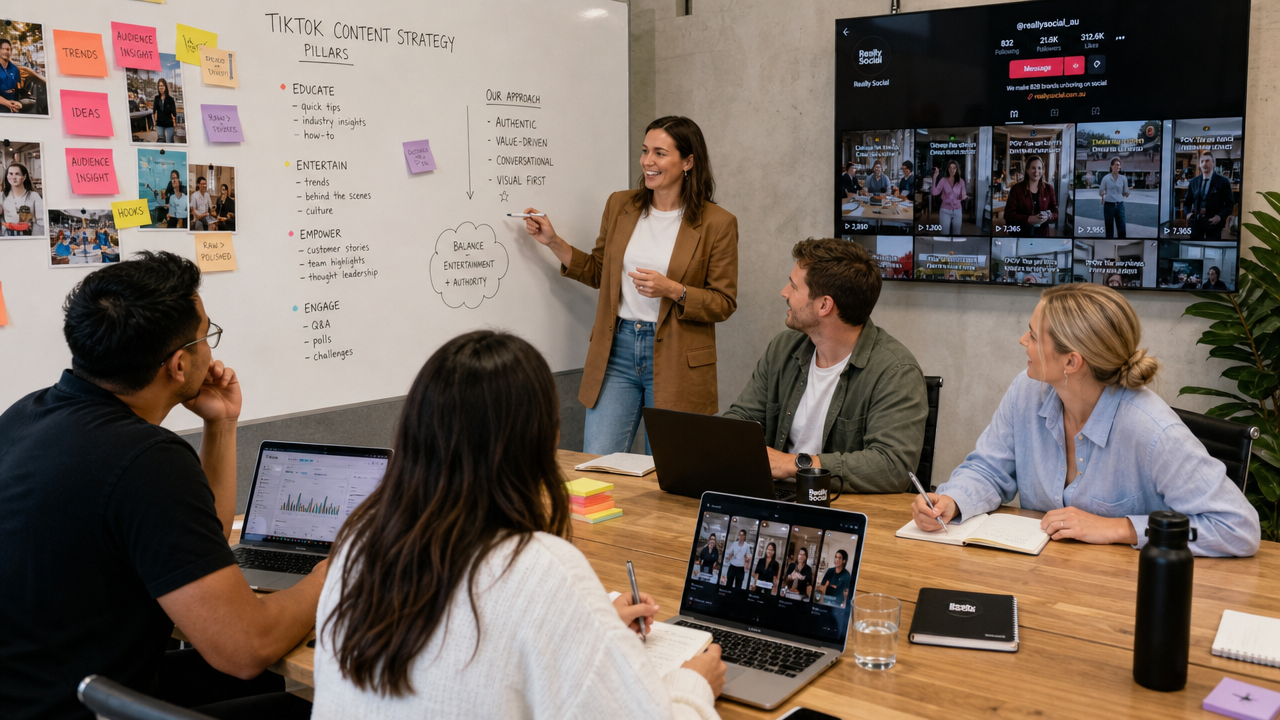 A B2B creative team collaborating on TikTok content strategy in a modern office, with analytics on screens, brainstorming boards, and team members discussing video concepts