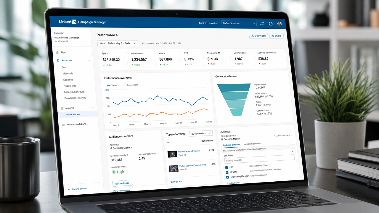 LinkedIn Campaign Manager interface showing video ad performance metrics, audience targeting filters for IT decision-makers, and conversion tracking data