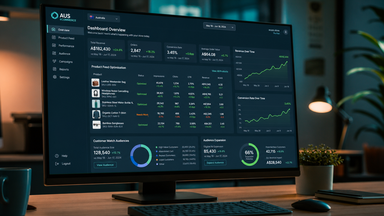 E-commerce product dashboard showing customer match audiences and conversion metrics on a modern monitor screen, angled toward the camera displaying real-time performance data.
