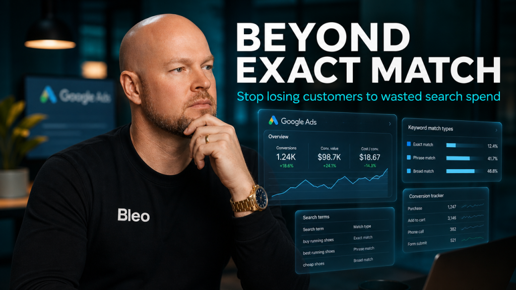 Luke Houlihan in a modern digital marketing workspace analysing Google Ads strategy, with holographic interface panels surrounding him and the headline "Beyond Exact Match" overlaid on the image.