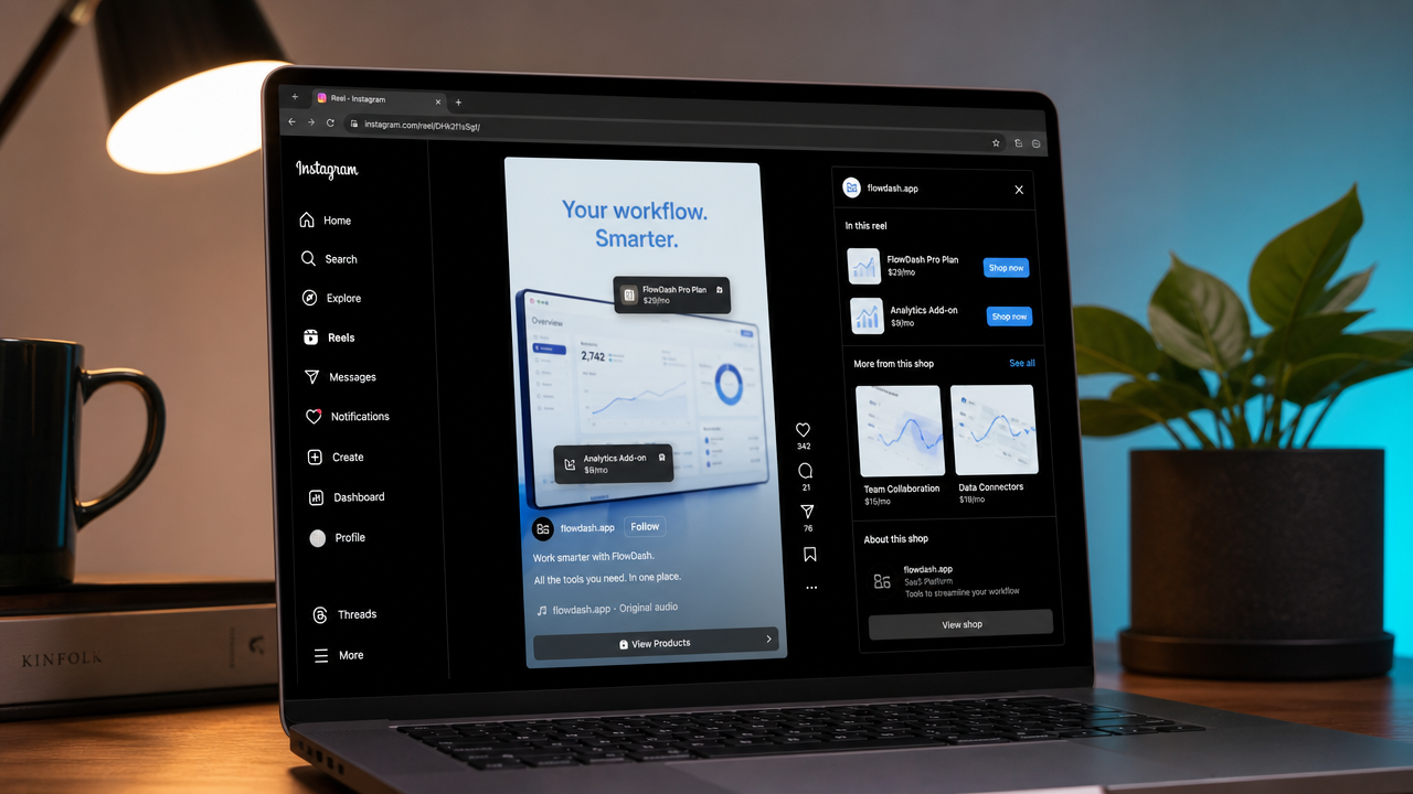 Laptop screen at an angle showing Instagram Reel interface with product tags, shopping features, and SaaS product demo content visible
