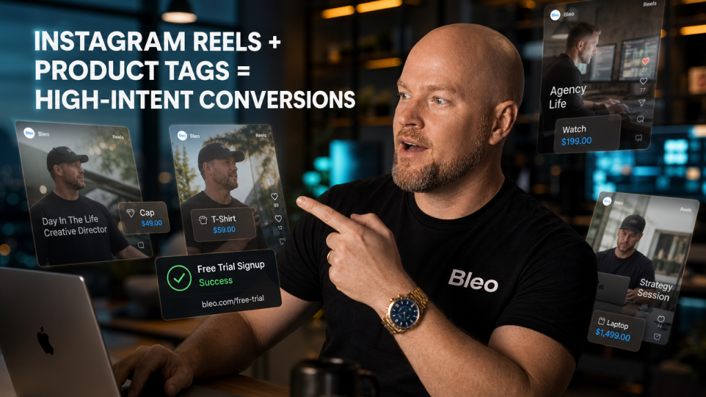 Luke Houlihan in a modern digital workspace with floating Instagram Reel and product tag overlays, pointing excitedly toward a product tag, with text overlay reading "INSTAGRAM REELS + PRODUCT TAGS = HIGH-INTENT CONVERSIONS"