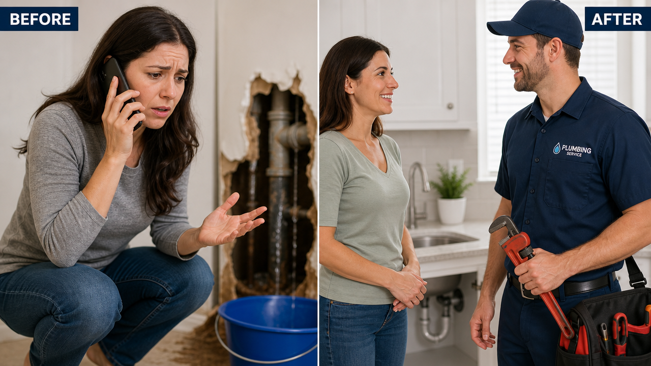 Before-and-after scene showing a distressed homeowner in crisis calling for emergency plumbing help, then receiving professional assistance from a trusted contractor.