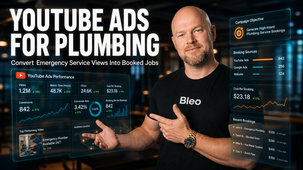 Luke Houlihan smiling confidently while gesturing at holographic YouTube ad analytics dashboards showing plumbing service bookings and video performance metrics in a modern office.