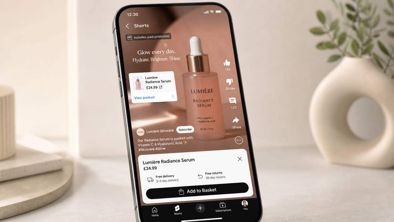 Mobile phone displaying YouTube Shorts ad with shoppable product sticker and Add to Basket button, showing frictionless checkout experience for e-commerce impulse purchases.